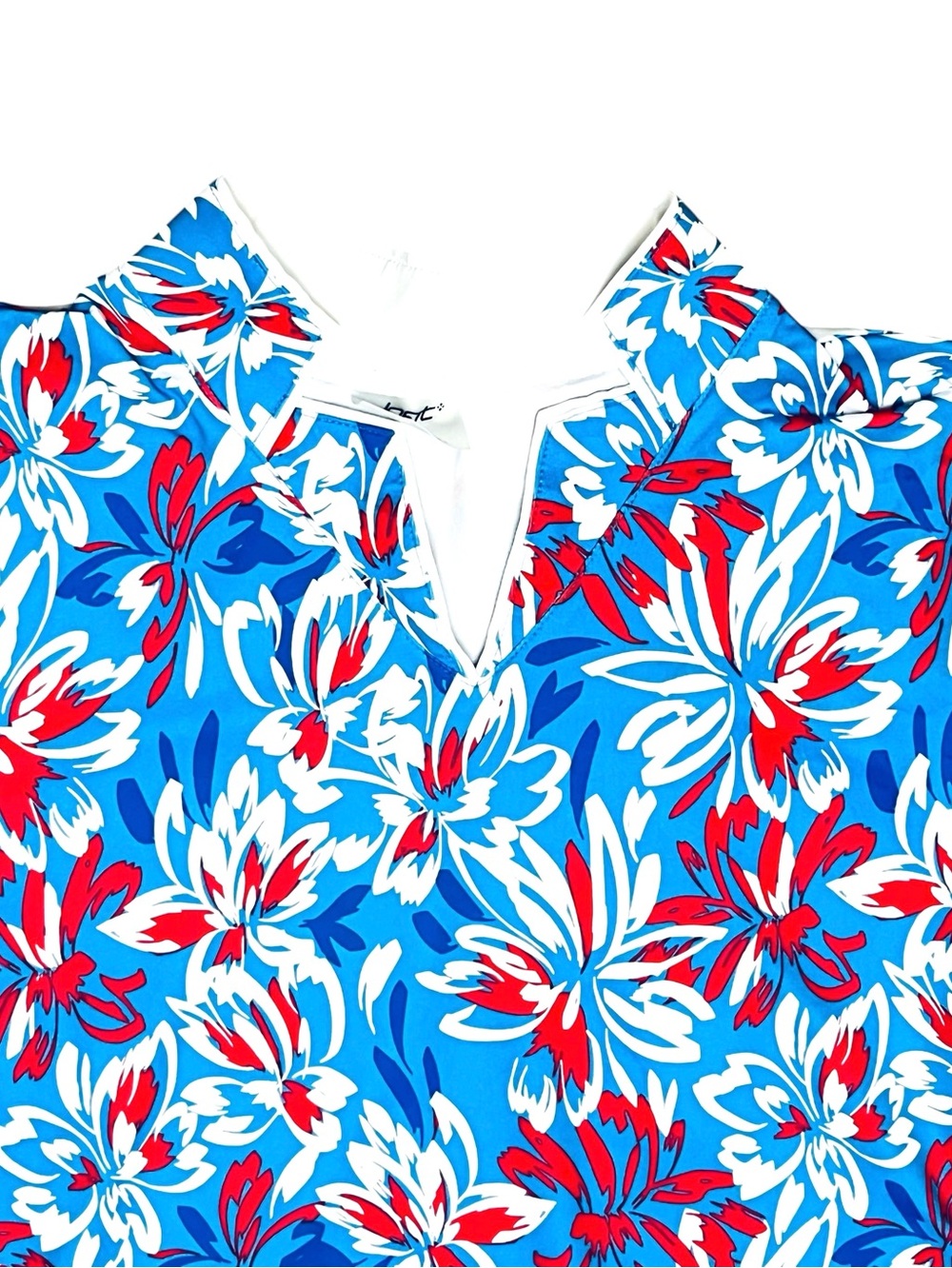 Jofit Top Golf Blue Red Tropical White Floral Mock/Split/Neck Short Sleeve Sz L - Picture 4 of 12